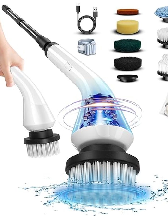 Electric Spin Scrubber – Cordless Cleaning Brush with 8 Replaceable Brush Heads and Adjustable Extension Handle, Power Dual Speed Shower Cleaning Scrubber for Bathroom, Tub, Tile, Floor, etc (White)